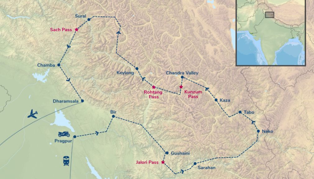 Enfield-Tour Himalaya Extreme - Routing himalaya, indien, motorrad, motorradreisen, touren, gruppenreise, rundfahrten, enfield, preiswert, günstig, Delhi, Pragpur, Bir, Jalori Pass, Gushaini, Sarahan, Nako, Tabo, Kaza, Chandra Valley, Rohtang Pass, Kunzum Pass, Keylong, Sural, Killar, Sach Pass