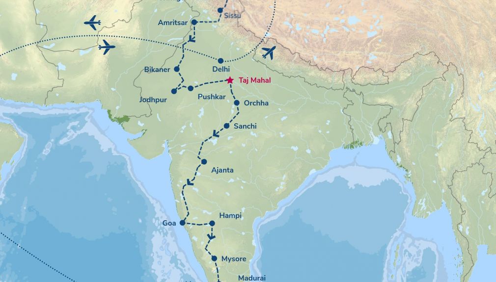 Enfield-Motorradreise Crossing India - Routing leh, alchi, kargil, kardung, taj mahal, jodhpur, jaipur, ladakh, rajasthan, tamil nadu, kerala, munner, goa