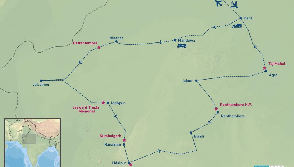 Enfield-Tour Rajasthan Desert Dreams - Routing indien, motorrad, motorradreisen, touren, gruppenreise, rundfahrten, enfield, preiswert, günstig, Rajasthan, Agra, Jaipur, Jodhpur, Bikaner, Jaisalmer, Udaipur, Jhunjhunu, Ranakpur, Bundi, Ranthambore, Taj Mahal