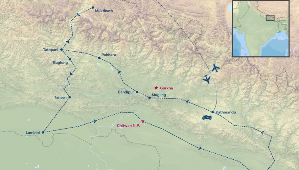 Enfield-Tour Nepal Extralarge - Routing himalaya, nepal, motorrad, motorradreisen, touren, gruppenreise, rundfahrten, enfield, preiswert, günstig, Kathmandu, Gorkha, Pokhara, Annapurna, Beni, Mugling, Bandipur, Tatopani, Muktinath, Baglung, Lumbini, Bardibas, Tansen, Terai, Chitwan, Bhaktapur,