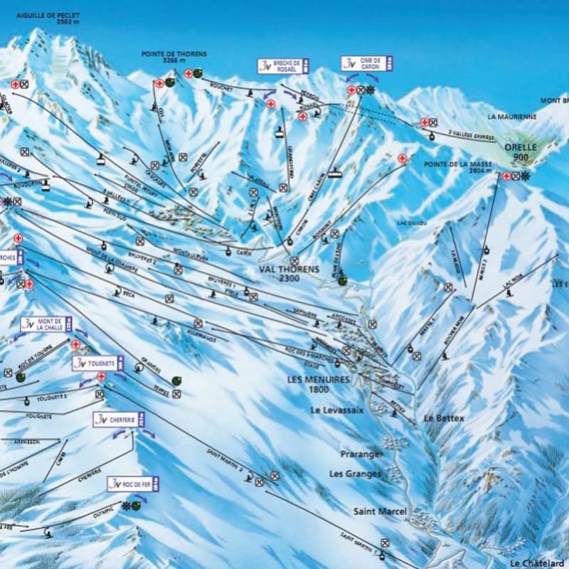 Les Trois Vallées Pistenplan Ski, Frankreich, trois vallees, Gruppenreisen, Reisen, Snowboard, Skikurse, Kinderbetreuung, Winter,, pistenplan