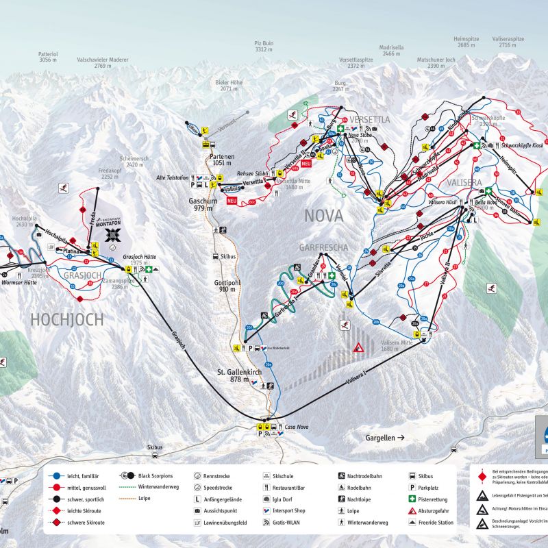 Montafon Pistenplan Ski, Österreich, Montafon, Kappl, Gruppenreisen, Reisen, Snowboard, Skikurse, Kinderbetreuung, Winter,