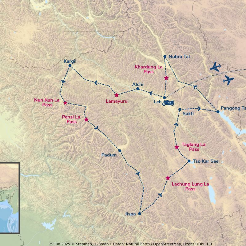 himalaya, indien, motorrad, motorradreisen, touren, gruppenreise, rundfahrten, enfield, preiswert, günstig, Delhi, Leh, Alchi, Indus, ladakh, Kargil, Zanskar, Nun-Kun, Padum, Lamayuru, Lamayuru, Nubra Tal, Khardung La, Sakti, Pangong, Tso Kar, Tanglang La