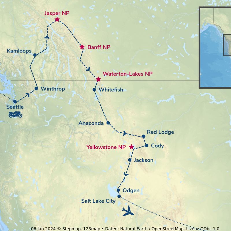 usa, motorrad, motorradreisen, touren, eagle rider, rundfahrten, harley davidson, route 66, gruppenreisen, biker, preiswert, günstig, seattle, winthrop, kamloops, jasper, banff, waterton lakes, whitefish, Anaconda, Red Lodge, Cody, Yellowstone, glacier na