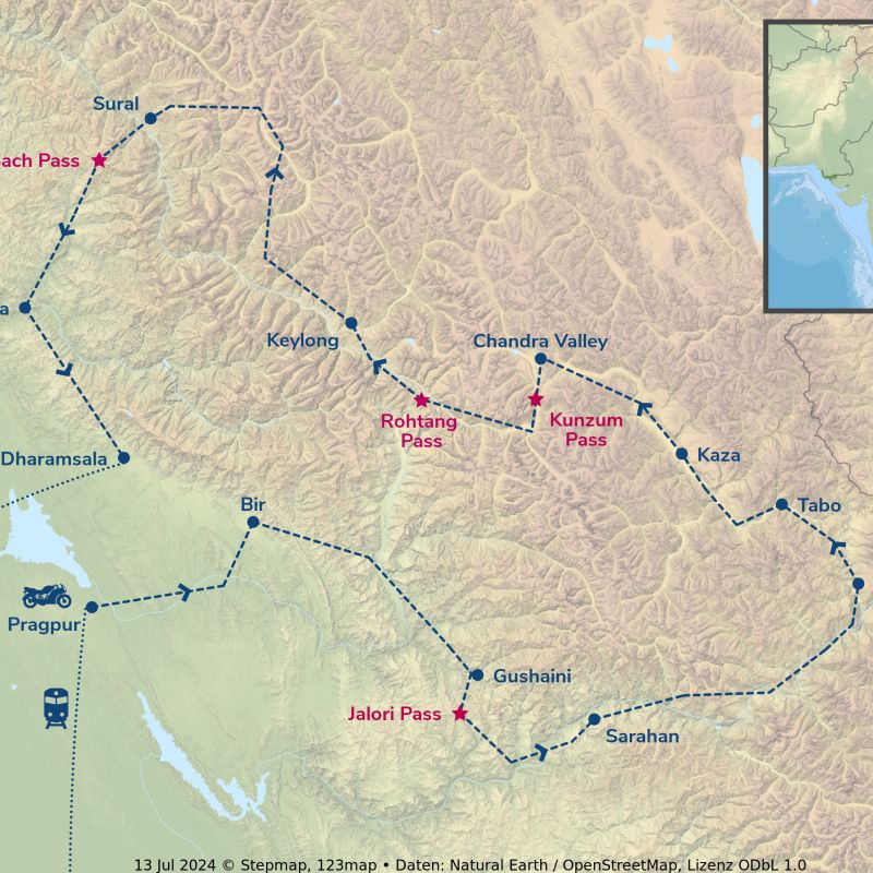 Enfield-Tour Himalaya Extreme - Routing himalaya, indien, motorrad, motorradreisen, touren, gruppenreise, rundfahrten, enfield, preiswert, günstig, Delhi, Pragpur, Bir, Jalori Pass, Gushaini, Sarahan, Nako, Tabo, Kaza, Chandra Valley, Rohtang Pass, Kunzum Pass, Keylong, Sural, Killar, Sach Pass