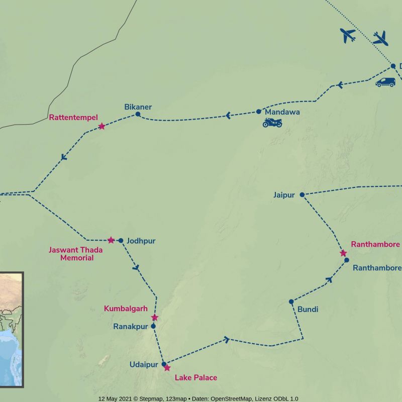 Enfield-Tour Rajasthan Desert Dreams - Routing indien, motorrad, motorradreisen, touren, gruppenreise, rundfahrten, enfield, preiswert, günstig, Rajasthan, Agra, Jaipur, Jodhpur, Bikaner, Jaisalmer, Udaipur, Jhunjhunu, Ranakpur, Bundi, Ranthambore, Taj Mahal