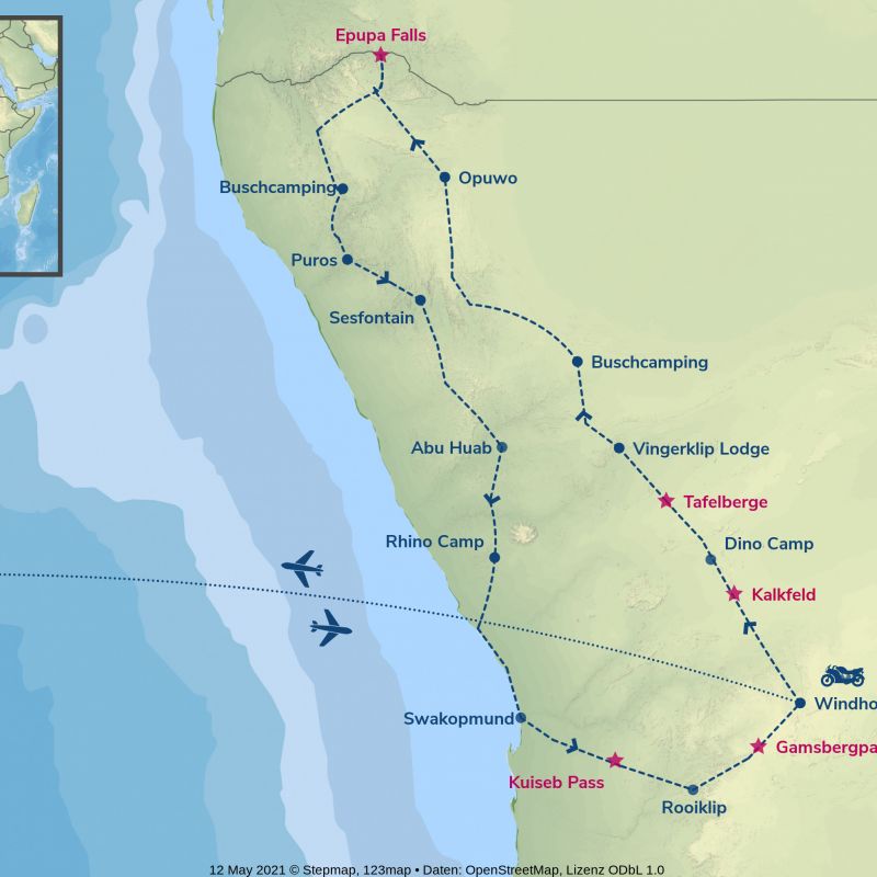 Enduro-Tour North Namibia & Swakopmund - Routing nambibia, afrika, motorrad, motorradreisen, touren, gruppenreise, rundfahrten, enduro, preiswert, günstig, wüste, himba, busch, berg, Windhoek, vingerklip, Opuwo, Ovahimba, Epupa Falls, Puros, Sesfontein, Aba, Palmwag, Aba Huab, Swakopmund, Rooiklip, Walv