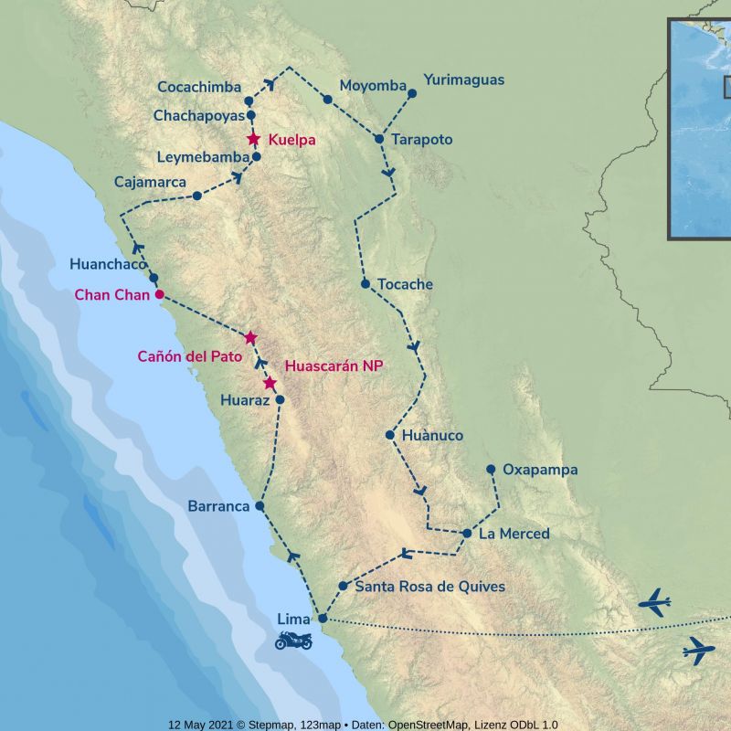 Chachapoyas & Amazonas - Routing südamerika, peru, motorrad, motorradreisen, touren, gruppenreise, rundfahrten, yamaha, preiswert, günstig, wüste, regenwald, pazifik, anden, Lima, Barranca, Huaraz, Huanchaco, Cajamarca, Leymebamba, Chachapoyas, Cocachimba, Moyobamba, Yurimaguas, Tarapoto