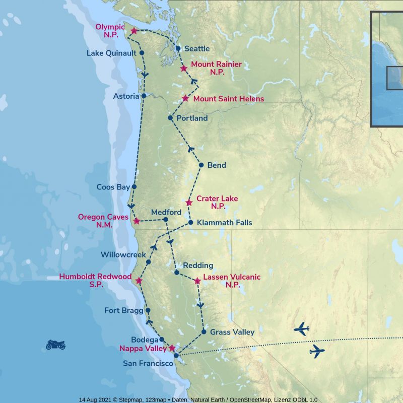 usa, motorrad, motorradreisen, touren, rundfahrten, harley davidson, route 66, gruppenreisen, biker, preiswert, günstig, San Francisco, Highway 1, kalifornien, oregon,crater lake, Diamond Lake, Portland, Seattle, Mount St. Helens, Mount Rainier, Olympic P