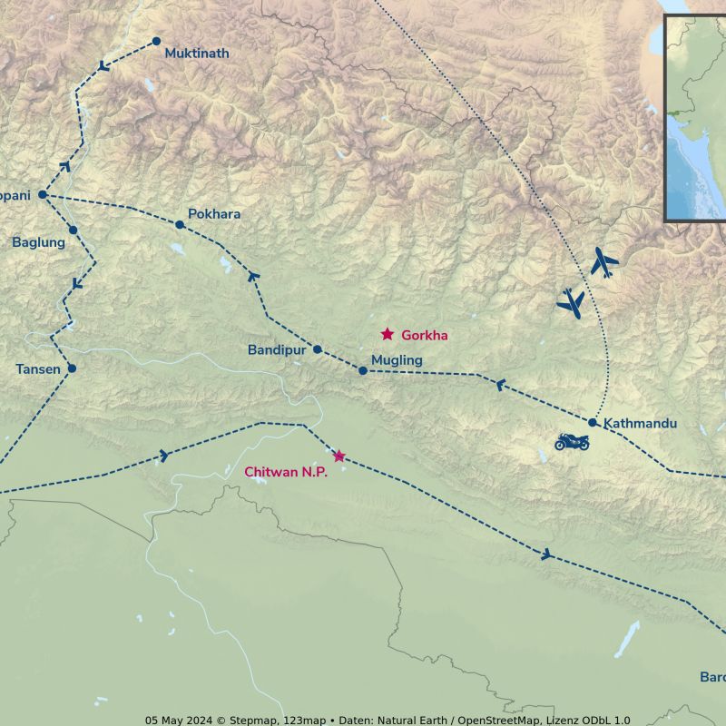 Enfield-Tour Nepal Extralarge - Routing himalaya, nepal, motorrad, motorradreisen, touren, gruppenreise, rundfahrten, enfield, preiswert, günstig, Kathmandu, Gorkha, Pokhara, Annapurna, Beni, Mugling, Bandipur, Tatopani, Muktinath, Baglung, Lumbini, Bardibas, Tansen, Terai, Chitwan, Bhaktapur,